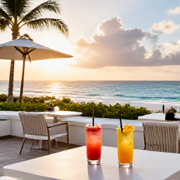 Caribbean Holidays, Dominican Romance, A stylish beachfront resort terrace in the Dominican Republic with two cocktails, sunset light and views across the Caribbean Sea