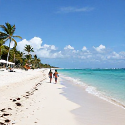 Caribbean Holidays, Dominican September, A wide sandy Caribbean beach in the Dominican Republic in September, with clear turquoise water, palm trees and a relaxed couple walking beside the sea