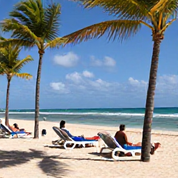 Caribbean Holidays, Dominican September, Visitors relaxing on a Dominican Republic beach, with sun loungers, swaying coconut palms and calm turquoise sea under a bright tropical sky
