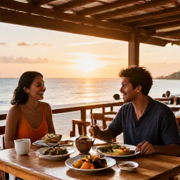 Caribbean Holidays, Dominican Solo Holidays, Friendly solo traveller enjoying a beachside Dominican restaurant at sunset, with local food, music and a relaxed Caribbean atmosphere
