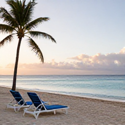 Caribbean Holidays, Dominican Solo Holidays, Peaceful Dominican Republic resort beach at sunrise in January, with a comfortable sun lounger, calm turquoise sea and palm trees