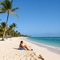 Caribbean Holidays, Dominican Solo Holidays, Solo traveller relaxing on a sunny Dominican Republic beach in January, with turquoise water, palm trees and a quiet stretch of golden sand