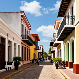 Caribbean Holidays, Dominican Solo Holidays, Solo visitor exploring a colourful colonial street in Santo Domingo, Dominican Republic, with historic buildings, caf&eacute;s and warm January sunshine