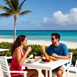 Caribbean Holidays, Dominican Spa Breaks, A couple enjoying a healthy breakfast and fresh tropical fruit on a sunny Dominican Republic resort terrace overlooking the sea