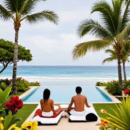 Caribbean Holidays, Dominican Spa Breaks, A couple relaxing in a quiet spa garden overlooking the Dominican coast, surrounded by palms, tropical flowers and a calm infinity pool