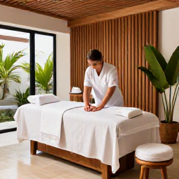 Caribbean Holidays, Dominican Spa Breaks, A modern Caribbean spa treatment room with natural wood, white linens, tropical plants and a therapist preparing a relaxing massage
