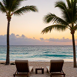 Caribbean Holidays, Dominican Spa Breaks, A peaceful Dominican Republic beach at sunset with two cushioned loungers, palm silhouettes and a calm turquoise sea