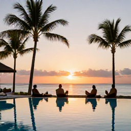 Caribbean Holidays, Dominican Spa Breaks, A peaceful sunset over a Dominican Republic beach resort, with spa guests relaxing near a calm pool and palm trees silhouetted against the sky