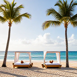 Caribbean Holidays, Dominican Spa Breaks, A tranquil luxury spa beside a turquoise Caribbean beach in the Dominican Republic, with palm trees, treatment cabanas and soft morning light