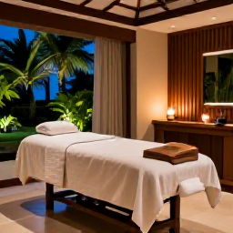 Caribbean Holidays, Dominican Spa Breaks, An elegant Dominican Republic resort spa treatment room with a massage table, tropical plants, natural wood and soft candlelight
