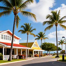 Caribbean Holidays, Dominican Spa Breaks, Colourful Dominican Republic coastal town with palm trees, local cafes and relaxed visitors exploring in warm May sunshine