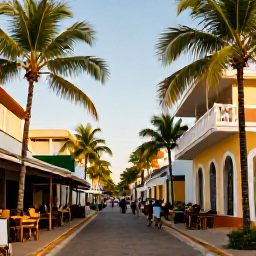 Caribbean Holidays, Dominican Spa Breaks, Colourful Dominican Republic town street with palm trees, local cafes and visitors exploring in warm August sunshine