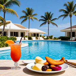 Caribbean Holidays, Dominican Spa Breaks, Colourful healthy Caribbean lunch and refreshing tropical drink beside a Dominican Republic resort pool, surrounded by palms