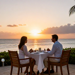 Caribbean Holidays, Dominican Spa Breaks, Couple enjoying a sunset dinner overlooking the Caribbean coast at a Dominican Republic resort