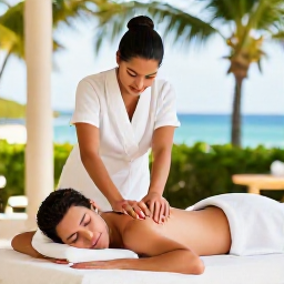 Caribbean Holidays, Dominican Spa Breaks, Couple receiving a relaxing massage at a tropical Dominican Republic resort spa, with palms and hints of the sea outside