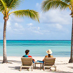 Caribbean Holidays, Dominican Spa Breaks, Couple relaxing beside a turquoise Caribbean sea at a Dominican Republic resort, with palm trees, loungers and a calm June sky