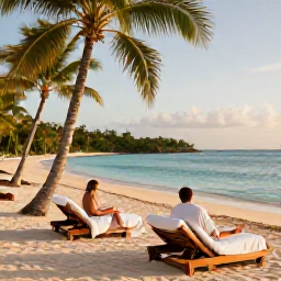 Caribbean Holidays, Dominican Spa Breaks, Couple relaxing on a quiet Dominican beach after a spa treatment, with loungers, palm trees, calm turquoise water and warm afternoon sunshine