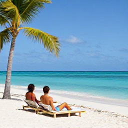 Caribbean Holidays, Dominican Spa Breaks, Couple relaxing on a quiet white-sand beach near a Dominican Republic spa resort, turquoise water and palm trees in March