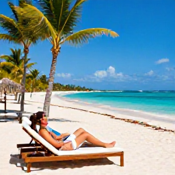 Caribbean Holidays, Dominican Spa Breaks, Couple relaxing on a white-sand Dominican beach after a spa treatment, with palm trees, turquoise water and comfortable loungers