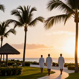 Caribbean Holidays, Dominican Spa Breaks, Elegant Dominican Republic beach resort at sunset in June, with spa guests walking near palm trees and warm golden light