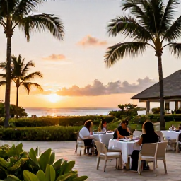 Caribbean Holidays, Dominican Spa Breaks, Elegant Dominican Republic resort at sunset with outdoor dining, tropical gardens and guests enjoying a relaxed evening