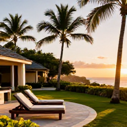Caribbean Holidays, Dominican Spa Breaks, Elegant Dominican Republic resort spa at sunset, comfortable loungers, tropical gardens and warm evening light
