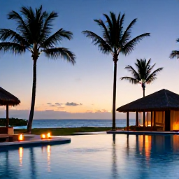 Caribbean Holidays, Dominican Spa Breaks, Elegant Dominican Republic resort spa at sunset with candles, palm trees and a calm pool