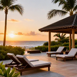 Caribbean Holidays, Dominican Spa Breaks, Elegant Dominican Republic resort spa terrace at sunset, with comfortable loungers, tropical greenery and warm golden light