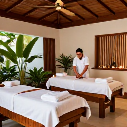Caribbean Holidays, Dominican Spa Breaks, Elegant Dominican Republic spa interior with natural wood, white towels, candles, tropical plants and a therapist preparing a treatment room
