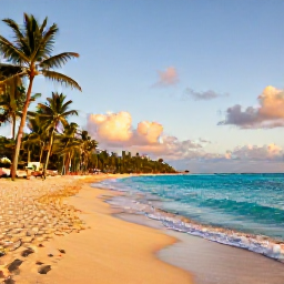 Caribbean Holidays, Dominican Spa Breaks, Golden sandy beach and turquoise Caribbean water at sunset in the Dominican Republic, with palm-lined shore