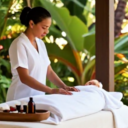 Caribbean Holidays, Dominican Spa Breaks, Open-air Caribbean spa treatment beside a tropical garden, with a therapist preparing oils and soft natural light
