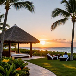 Caribbean Holidays, Dominican Spa Breaks, Peaceful Dominican Republic resort at sunset, with a spa pavilion, tropical gardens, palm trees and guests relaxing near the Caribbean sea