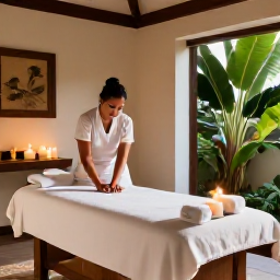 Caribbean Holidays, Dominican Spa Breaks, Peaceful Dominican Republic resort spa treatment room with a professional massage, candles, white towels and tropical plants