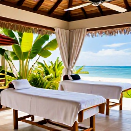 Caribbean Holidays, Dominican Spa Breaks, Peaceful luxury spa at a Dominican Republic beach resort in May, with treatment beds, tropical plants and soft natural light