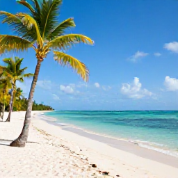 Caribbean Holidays, Dominican Spa Breaks, Quiet white-sand beach with palm trees and calm turquoise sea on the Dominican Republic coast