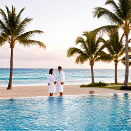 Caribbean Holidays, Dominican Spa Breaks, Relaxed couple beside a tropical Dominican Republic beach resort pool, with spa robes, palm trees and warm afternoon light