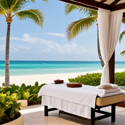 Caribbean Holidays, Dominican Spa Breaks, Relaxing beachfront spa resort in the Dominican Republic in September, with palm trees, a calm turquoise sea and an elegant treatment area