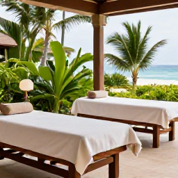 Caribbean Holidays, Dominican Spa Breaks, Relaxing luxury spa setting at a Dominican Republic beach resort in June, with treatment beds, tropical greenery and soft natural light