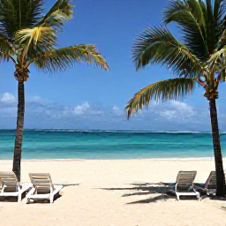 Caribbean Holidays, Dominican Spa Breaks, White sandy beach and calm turquoise sea near a Dominican Republic spa resort, with sun loungers, palms and a clear May sky