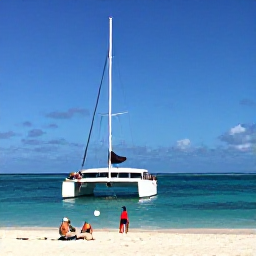 Caribbean Holidays, Dominican Tours, A catamaran sailing beside a tropical Dominican Republic beach, with travellers enjoying a calm turquoise lagoon