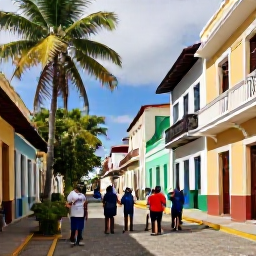 Caribbean Holidays, Dominican Tours, A colourful Dominican Republic street scene with palm trees, local architecture and visitors beginning a guided tour