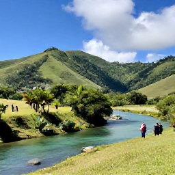 Caribbean Holidays, Dominican Tours, A Dominican Republic countryside landscape with green hills, a clear river, tropical plants and travellers on an outdoor excursion