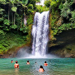 Caribbean Holidays, Dominican Tours, A lush Dominican Republic waterfall surrounded by tropical forest, with visitors swimming in a clear natural pool