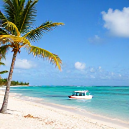 Caribbean Holidays, Dominican Tours, A sunny Dominican Republic coastline in August with turquoise sea, palm trees and a small excursion boat
