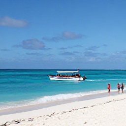 Caribbean Holidays, Dominican Tours, A white sandy beach with turquoise water, a small boat and visitors enjoying a Dominican Republic island excursion