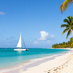 Caribbean Holidays, Dominican Tours, Catamaran sailing on bright turquoise Caribbean water beside a palm-fringed beach in the Dominican Republic