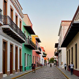 Caribbean Holidays, Dominican Tours, Colourful colonial street in Santo Domingo with historic buildings, balconies and pedestrians in warm evening light