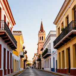 Caribbean Holidays, Dominican Tours, Colourful colonial streets and historic buildings in Santo Domingo, Dominican Republic, photographed in warm morning light