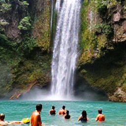 Caribbean Holidays, Dominican Tours, Emerald rainforest, a clear waterfall and visitors swimming in a natural pool in the Dominican Republic