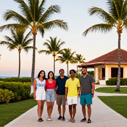 Caribbean Holidays, Dominican Tours, Friendly travellers returning to a Dominican Republic resort after a day tour, with palm trees and warm evening light